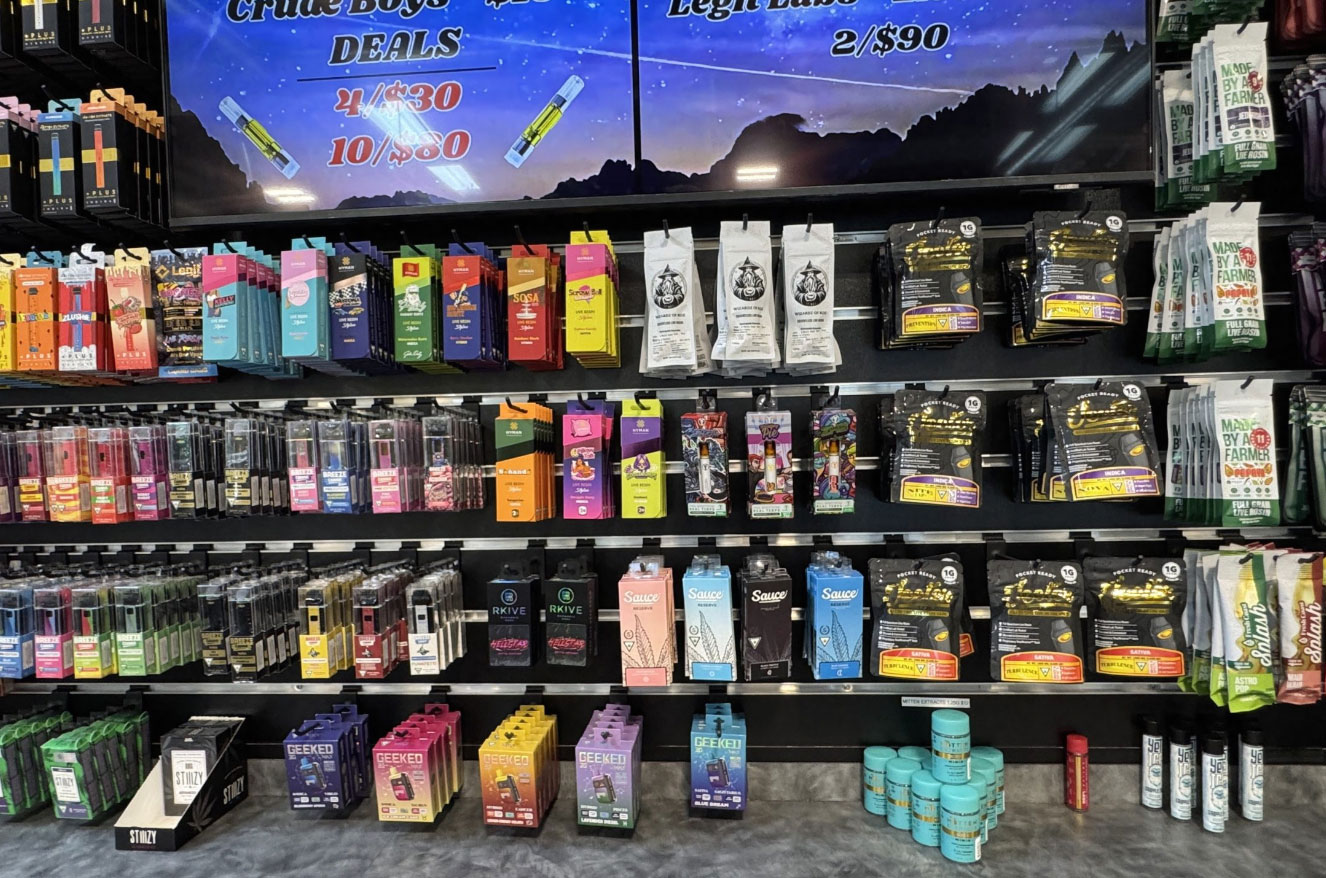Shelves of vape cartridges, edibles and pre-rolls inside High Q Cannabis in Chesterfield Township