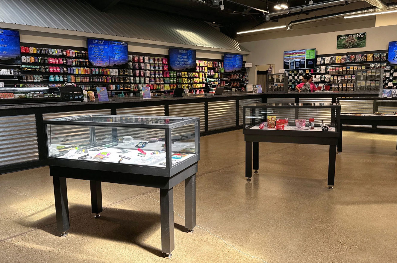 Sales floor and product display cases inside High Q Cannabis, 49755 Leona Dr, Chesterfield Township